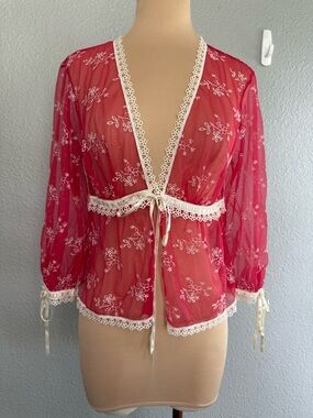 Vintage Y2K VS Red Sheer Mesh Babydoll Top Size Medium Cottagecore Coquette